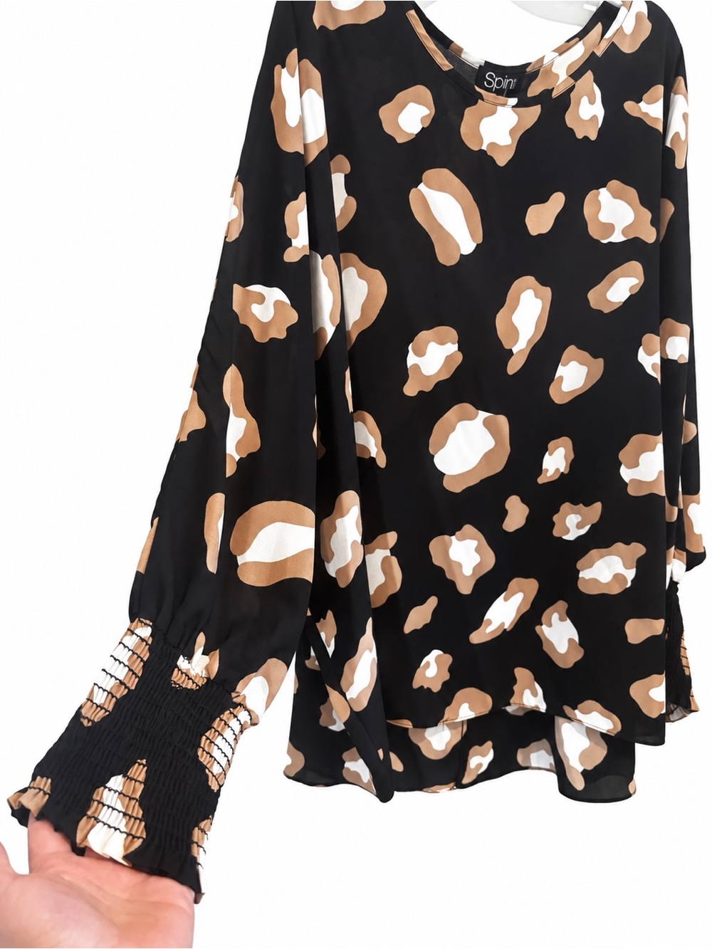 NWT Spin Leopard-Print Boatneck Blouse with Smocked Cuffs 2XL